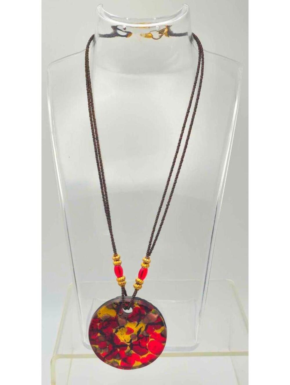 Murano Glass Pendant With Red And Gold Leaf/Foil Patterns In Fused Glass